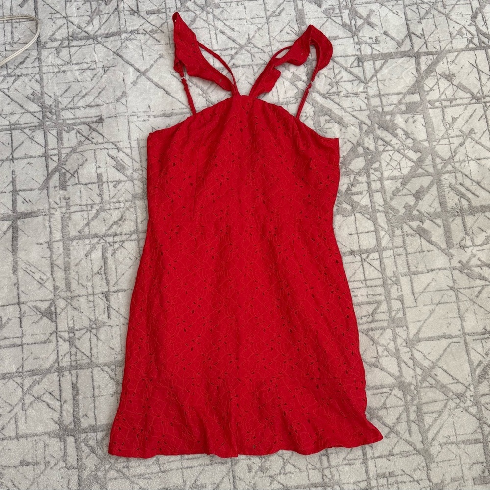 Anthropologie J.O.A Eyelet Drop Waist Dress Red Halter Peplum Ruffle Hem Size L - Picture 5 of 10